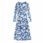 Long-sleeve Floral Print Draped Midi A-line Dress
