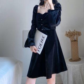 Velvet Long-sleeve Mini A-line Dress