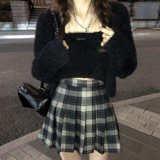 Cropped Cardigan / Camisole / Plaid Pleated Mini A-line Skirt / Set