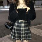 Cropped Cardigan / Camisole / Plaid Pleated Mini A-line Skirt / Set