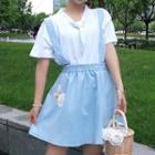 Set: Plain Short Sleeve T-shirt + Rabbit Print Suspender Skirt