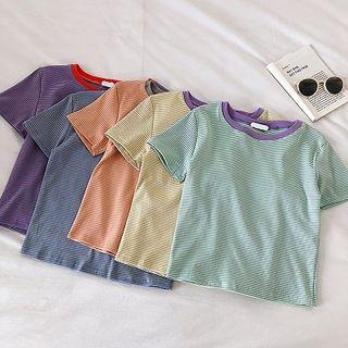 Color-block Trim Striped Crewneck Short-sleeve Top