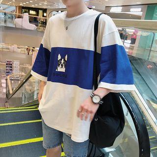 3/4-sleeve Color Block Dog Print T-shirt