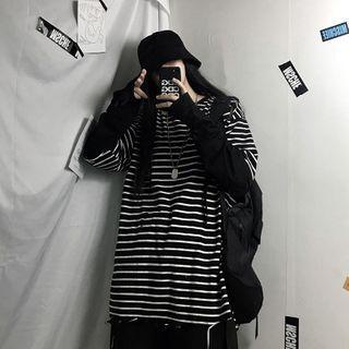 Long-sleeve Panel Striped Round Neck T-shirt