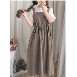 Elbow-sleeve Frill Trim Chiffon Top / Sleeveless Patterned A-line Midi Dress