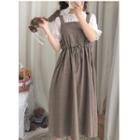 Elbow-sleeve Frill Trim Chiffon Top / Sleeveless Patterned A-line Midi Dress