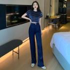 Glitter Striped Crop T-shirt / High-waist Straight-cut Dress Pants