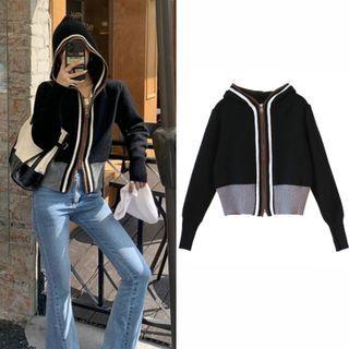 Color-block Hooded Zip Cardigan