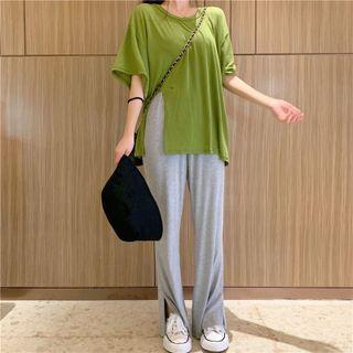 Plain Slit T-shirt / Wide-leg Pants / Set