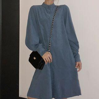 Long Puff Sleeve Band Collar Shirt Dress Blue - One Size