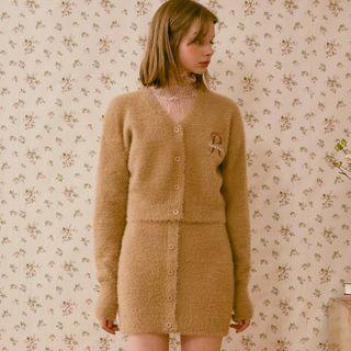 Letter-embroidered Cropped Fluffy Cardigan Beige - One Size