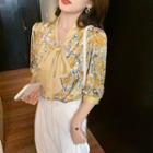 Elbow-sleeve Tie-neck Floral Print Blouse