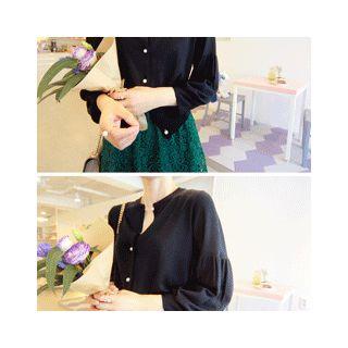 Balloon-sleeve Faux-pearl Button Cardigan