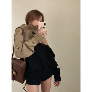 Turtleneck Cold-shoulder Sweater Black & Khaki - One Size