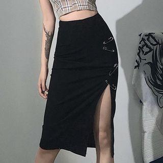 Pinned Slit Midi Pencil Skirt