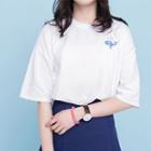 Elbow-sleeve Whale Embroidered T-shirt