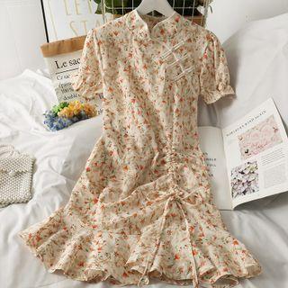 Frog-button Ruffled Drawstring Qipao Dress