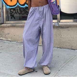 Low-rise Plain Drawstring Wide-leg Pants