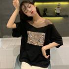 Mesh Panel Sequined Elbow-sleeve T-shirt Black - One Size