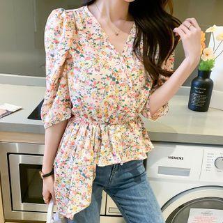 Elbow-sleeve Floral Print Irregular Peplum Top