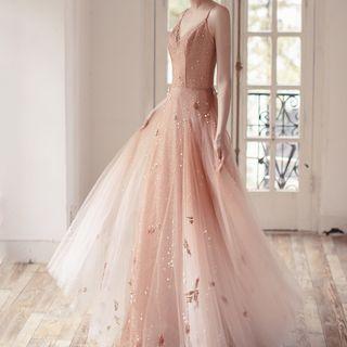 Strappy Sheer A-line Evening Gown