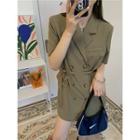 Short-sleeve Double Breasted A-line Mini Shirtdress Coffee - One Size