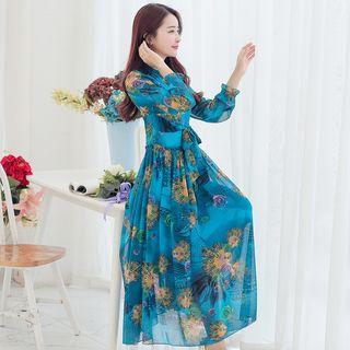 Long-sleeve Floral Print Chiffon A-line Midi Dress