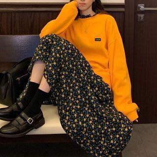 Floral Midi A-line Dress / Plain Pullover