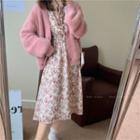 Floral Print Long-sleeve Midi A-line Dress / Cardigan