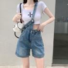 One-shoulder Suspender Denim Shorts / Short-sleeve Cross Print Crop Top