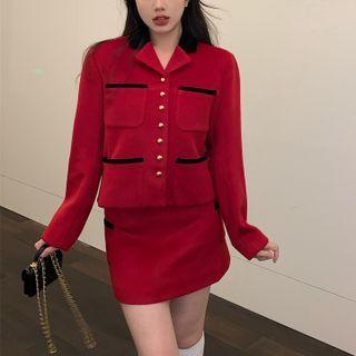 Open-collar Button Jacket / Mini Pencil Skirt