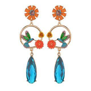 Faux Crystal Bird & Flower Dangle Earring 1 Pair - Blue - One Size