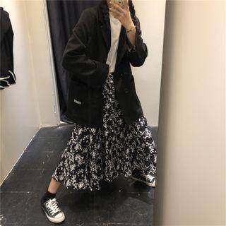 Double Breasted Blazer / Floral Print A-line Midi Skirt