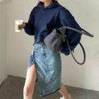 Plain Cropped Hoodie / Asymmetric Denim Midi Skirt