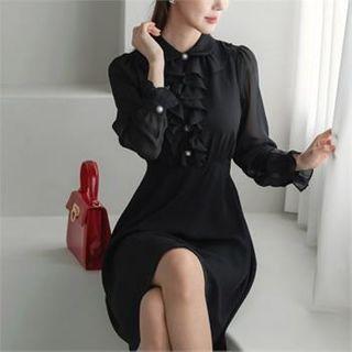 Button-front Frill-trim Chiffon Dress