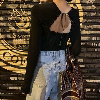 Long-sleeve Tie Back T-shirt Black - One Size