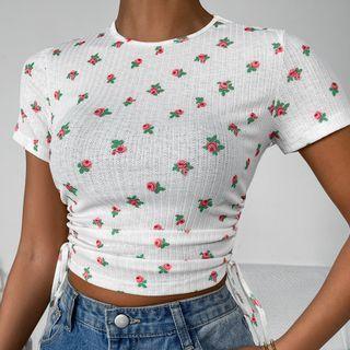 Short Sleeve Floral Print Side-drawstring Ribbed Knit Crop Top