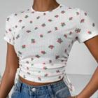 Short Sleeve Floral Print Side-drawstring Ribbed Knit Crop Top