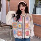 Crochet Cardigan Pink & Green & Blue Knitted Fabric - One Size