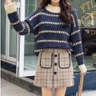 Set: Striped Sweater + Plaid Mini A-line Skirt