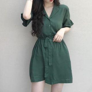 Plain Elbow-sleeve Shirt Dress As Shown In Figure - One Size