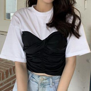 Mock Two-piece Short-sleeve Shirred T-shirt Black & White - One Size