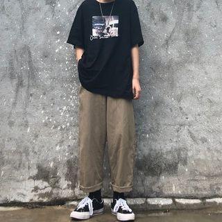 High-waist Plain Straight-cut Casual Pants