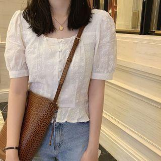Puff-sleeve Eyelet Lace Buttoned Blouse
