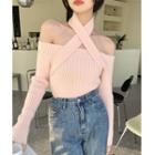 Long-sleeve Off-shoulder Slim-fit Halter Knit Top