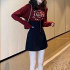 Lettering Hooded Sweater / High-waist Mini A-line Skirt
