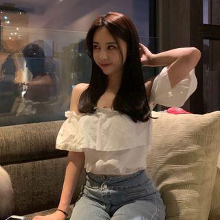 Short-sleeve Off-shoulder Tiered Crop Top