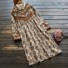 Leaf Print Lace Trim Long-sleeve Midi Collared Dress