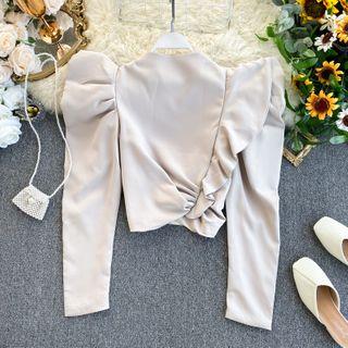 Shirred-sleeve Zip-up Cropped Blouse