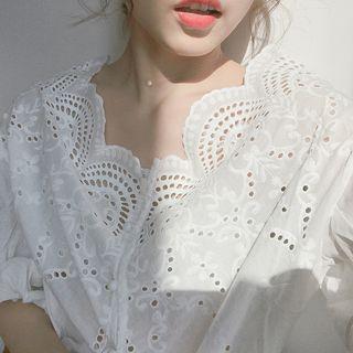 Plain Cutout Batwing-sleeve Blouse